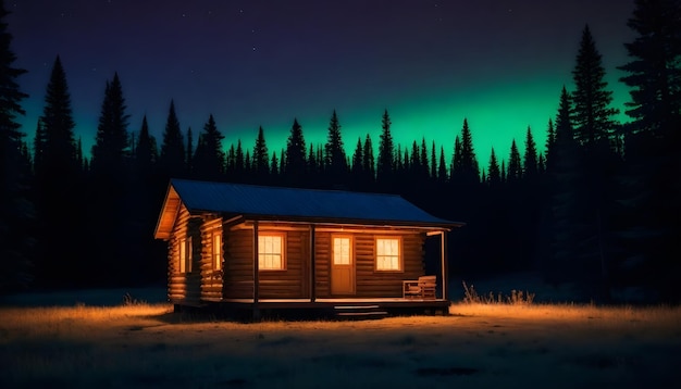 Una cabaña de madera por la noche con luces encendidas en el interior rodeada por un bosque