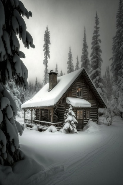 Cabaña en medio de un bosque nevado ai generativo