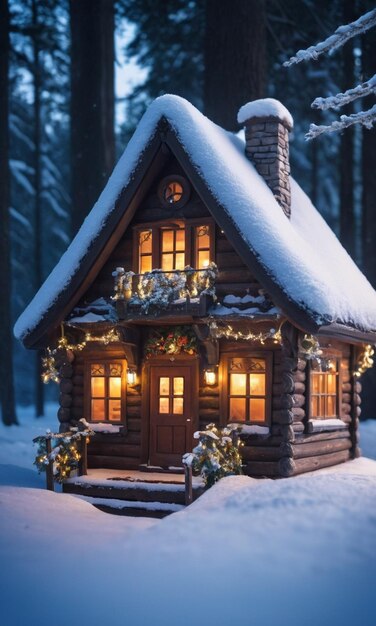 Foto una cabaña en el medio de un bosque nevado