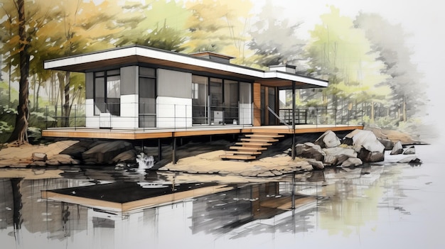 Cabana minimalista à beira do lago Um esboço de arquitetura contemporânea Casa minúscula de luxo