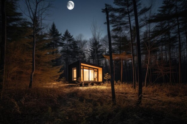 Cabaña minimalista en el bosque con vista a la luna llena creada con ai generativo