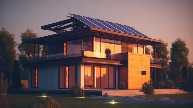 Cabaña moderna de dos pisos con grandes ventanales una amplia terraza una piscina y paneles solares en el techo Iluminación espectacular por la noche y la noche El concepto de hogar inteligente y energía alternativa