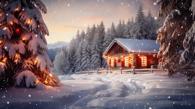 una cabaña en las montañas con un árbol de Navidad en el fondo.