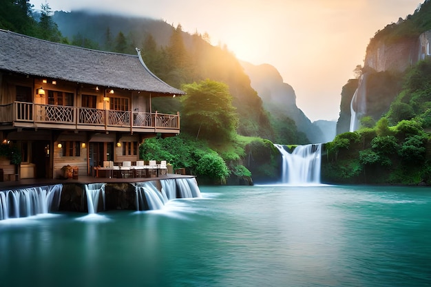 una cabaña en las montañas con una cascada al fondo