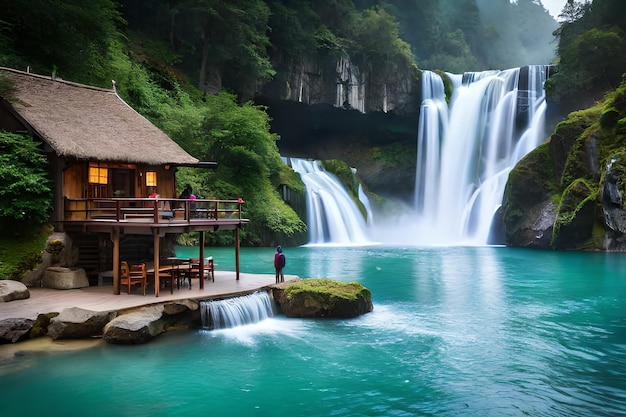 una cabaña en las montañas con una cascada al fondo