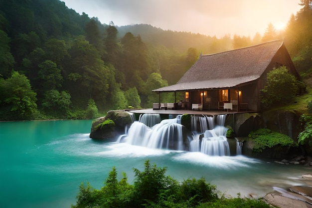 Foto una cabaña en las montañas con una cascada en el fondo