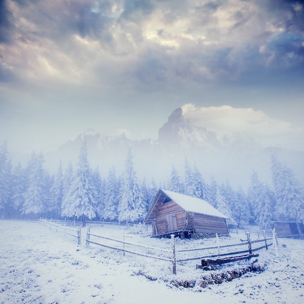 Cabaña en las montañas en invierno