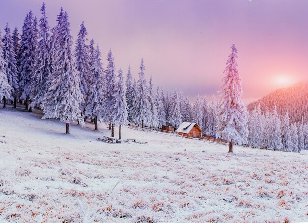 Cabaña en las montañas en invierno