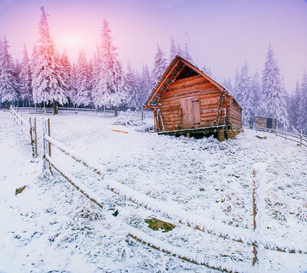 Cabaña en las montañas en invierno