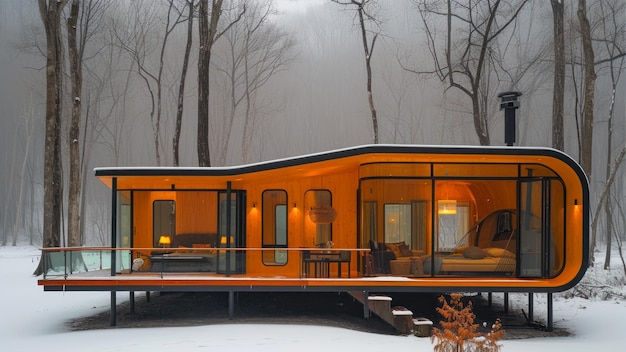 Cabaña naranja en el bosque en un día de niebla