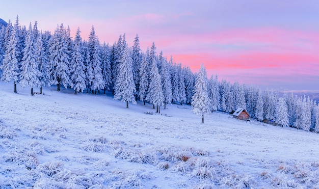 Cabana nas montanhas no inverno