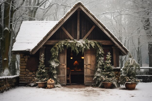 Cabaña nevada adornada con decoraciones navideñas y luces cálidas