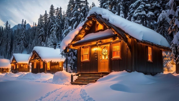 Una cabaña nevada con un árbol de navidad al fondo