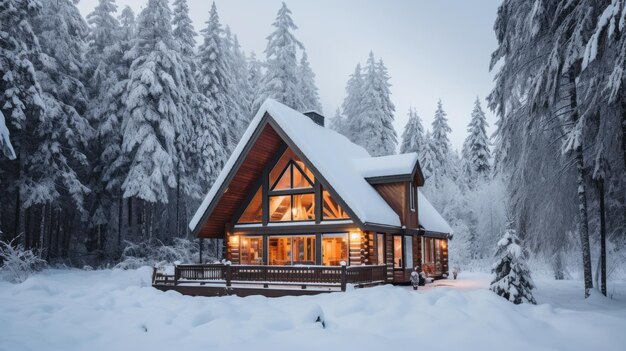 Cabaña nevada en el bosque hermosa imagen de ilustración IA generativa