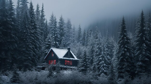 Foto cabaña nevada en el bosque con una luz roja en generativo ai