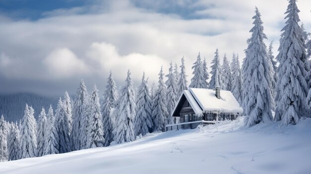 cabaña nevada en las montañas con árboles y nubes en el fondo generativo ai