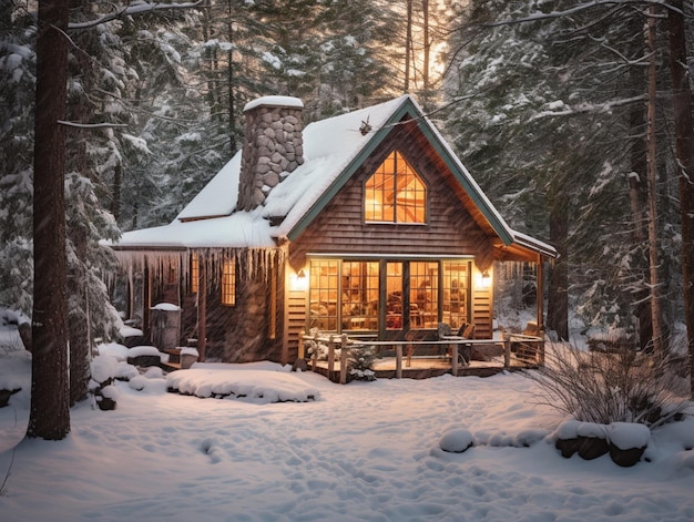 Cabaña nevada con porche y porche techado en el bosque generativo ai