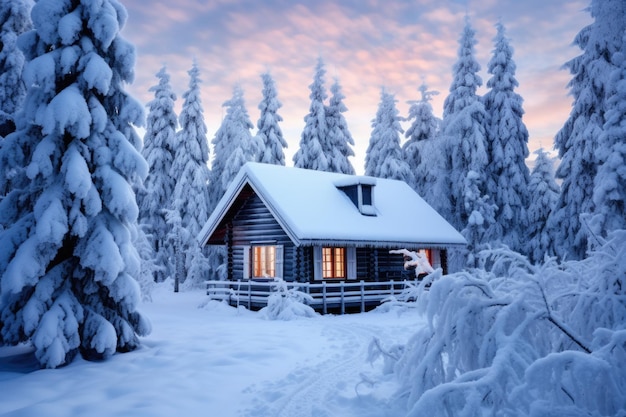 Cabaña en la nieve Una acogedora escapada de invierno rodeada de un hermoso paisaje nevado y árboles forestales