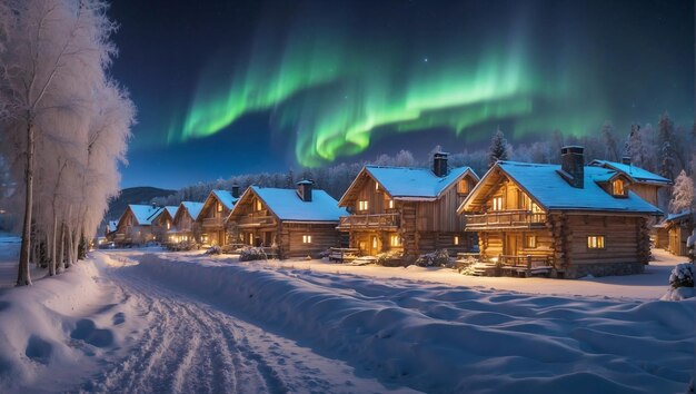 Foto cabaña en la nieve con luces auroras