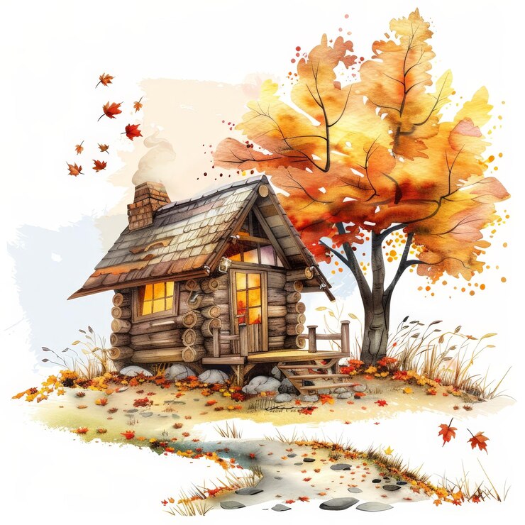 Cabaña de otoño acogedora acuarela Clipart Ilustración de elementos al aire libre sobre fondo blanco