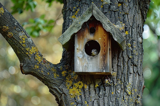 Foto cabaña de pájaros colgada de un árbol en el bosque