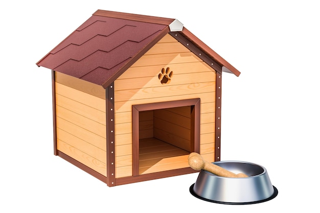 Cabaña de perro de madera con cuenco y representación 3D de hueso