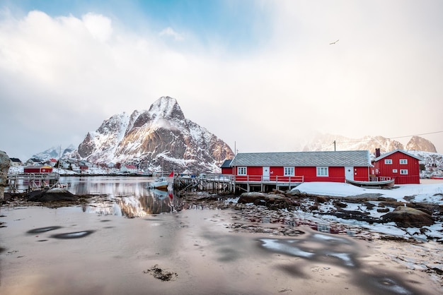 Cabaña de pesca roja o Reine rorbuer con montaña cubierta de nieve en la costa en un día soleado en la isla de Lofoten