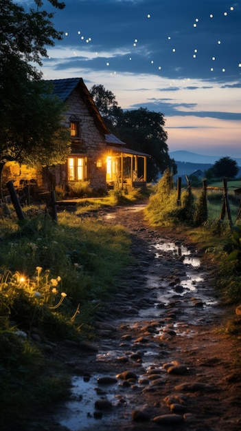 Cabaña de piedra en las montañas por la noche