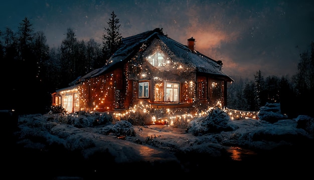 Cabaña de una planta en invierno La cabaña está decorada con luces verdes Cabaña con iluminación de Año Nuevo Ilustración 3D Raster