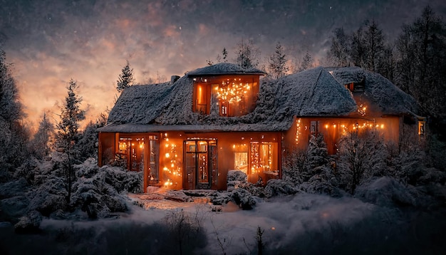 Cabaña de una planta en invierno La cabaña está decorada con luces verdes Cabaña con iluminación de Año Nuevo Ilustración 3D Raster