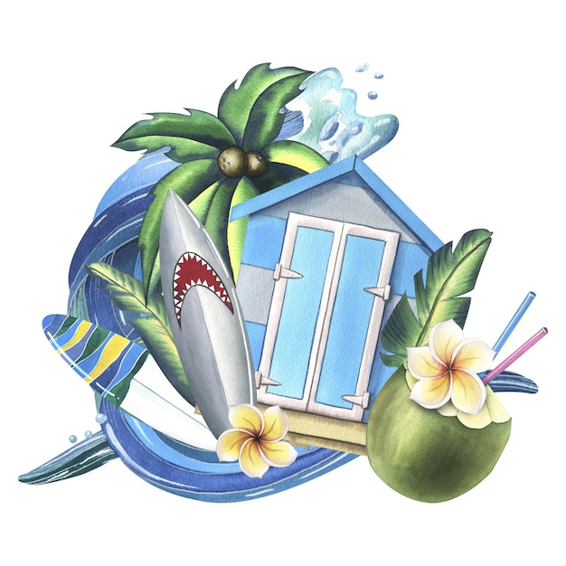 Cabaña de playa azul con tablas de surf hojas tropicales y flores con ola de cóctel de coco Ilustración de acuarela dibujada a mano Composición aislada de playa de verano sobre un fondo blanco