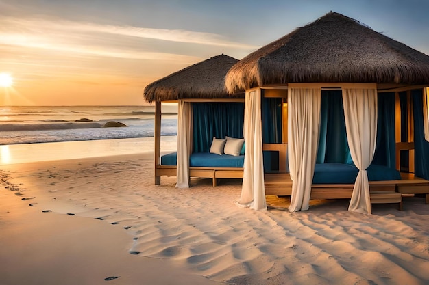 Una cabaña en la playa con una cama y vista al mar.