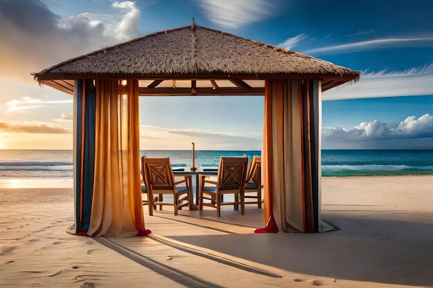 Una cabaña en la playa con una escena de playa y sillas