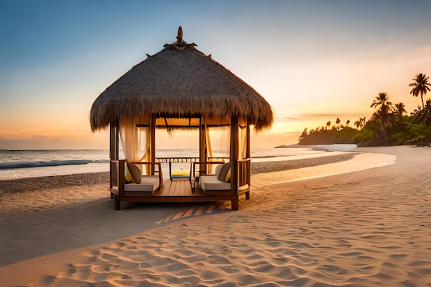 Una cabaña en la playa en una isla tropical con palmeras al fondo.