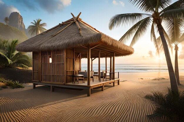 Una cabaña en una playa con palmeras y puesta de sol.