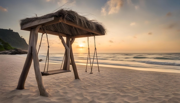 una cabaña en la playa con la puesta de sol en el fondo