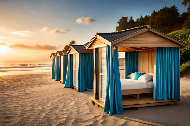 Cabaña en la playa con puesta de sol