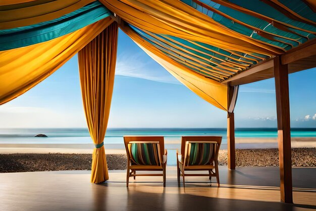 Una cabaña en la playa con vista al océano y la puesta de sol