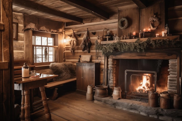 Cabaña rústica con acogedora chimenea y decoración vintage para el invierno.