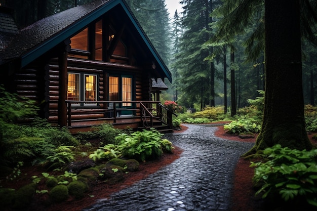 cabana rústica aninhada na floresta