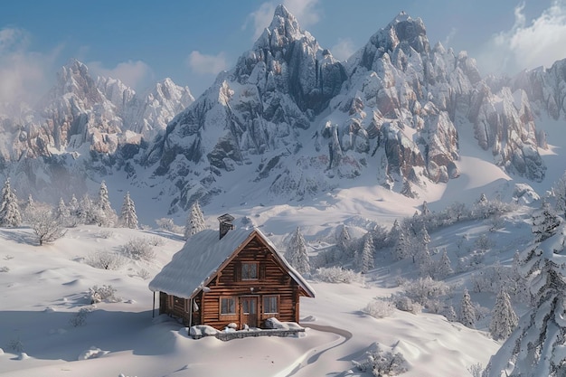 Cabana rústica cercada por montanhas nevadas octano