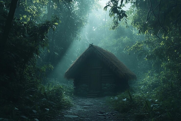 Una cabaña rústica se encuentra sola en un denso bosque iluminado por los suaves rayos de la mañana