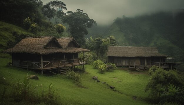 Cabaña rústica sobre arrozales en un tranquilo paisaje montañoso generado por inteligencia artificial