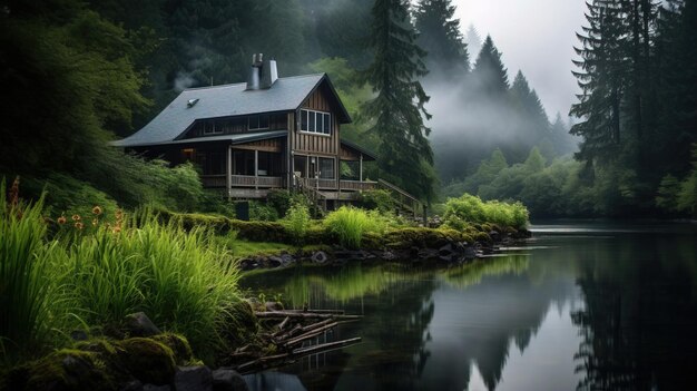 una cabaña se sienta en el bosque con una casa en el agua