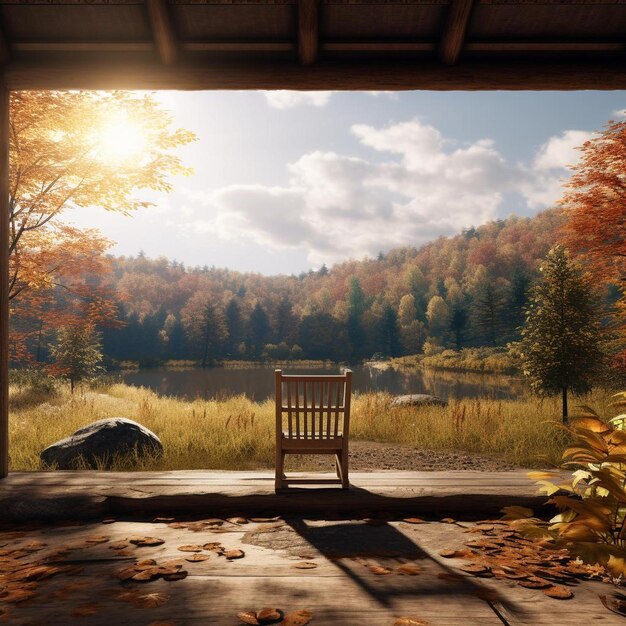 Foto una cabaña con una silla en el porche y un lago en el fondo.