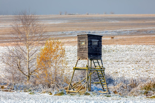 Cabaña de socorristas en el campo contra el cielo