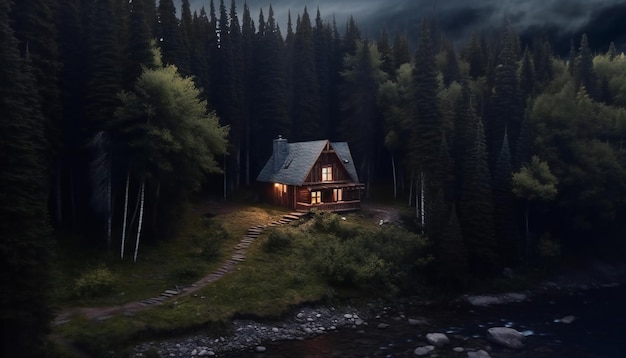 Cabaña solitaria cerca de un lago en un bosque de pinos