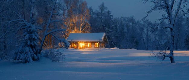Una cabaña solitaria encendida con luces cálidas se encuentra en medio de un tranquilo bosque cubierto de nieve durante las horas del crepúsculo azul creando una escena de invierno serena y acogedora