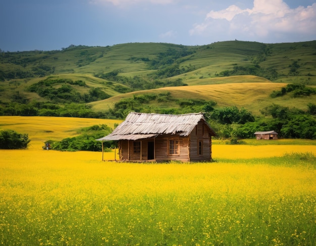 Cabana solitária na paisagem de campo amarelo