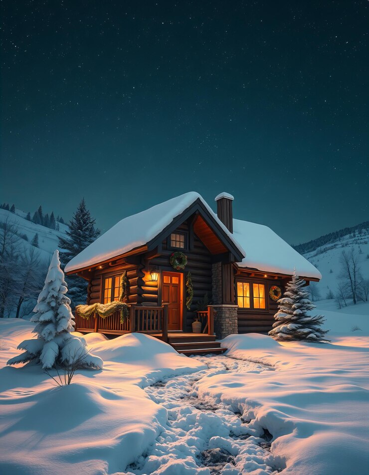 Una cabaña con un techo cubierto de nieve y una cabaña en el fondo